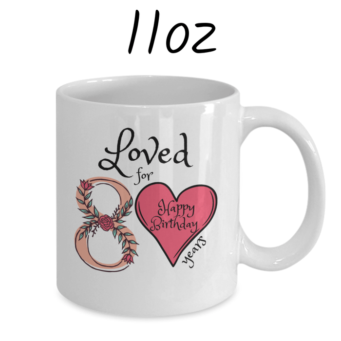 Birthday Gift, Custom 80th Birthday Mug: Loved for 80 years. Happy Birthday