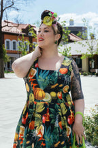 Amanda Black Tropical Fruits Print Pleated Dress