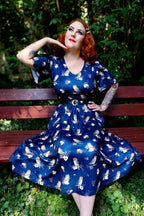 Janice Dark Blue Sleeved Flared Tea Dress In Owl Print