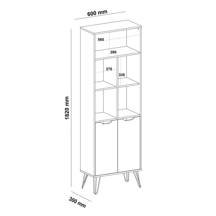 Bookcase Estocolmo 4436 2 Doors With 5 Niches  60*30*182Cm Oak/Graphite/White (Limited 3 Months Warranty)
