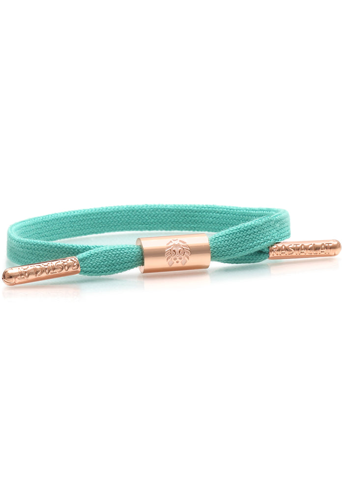Rastaclat Brandy Women's Single Lace Bracelet in turquoise rose gold with single shoelace cord and rose gold hardware on festival bracelet — front view