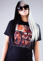 Bioworld Bride of Chucky Unisex Tee in black with Tiffany front graphic on horror fandom rave festival top — model view