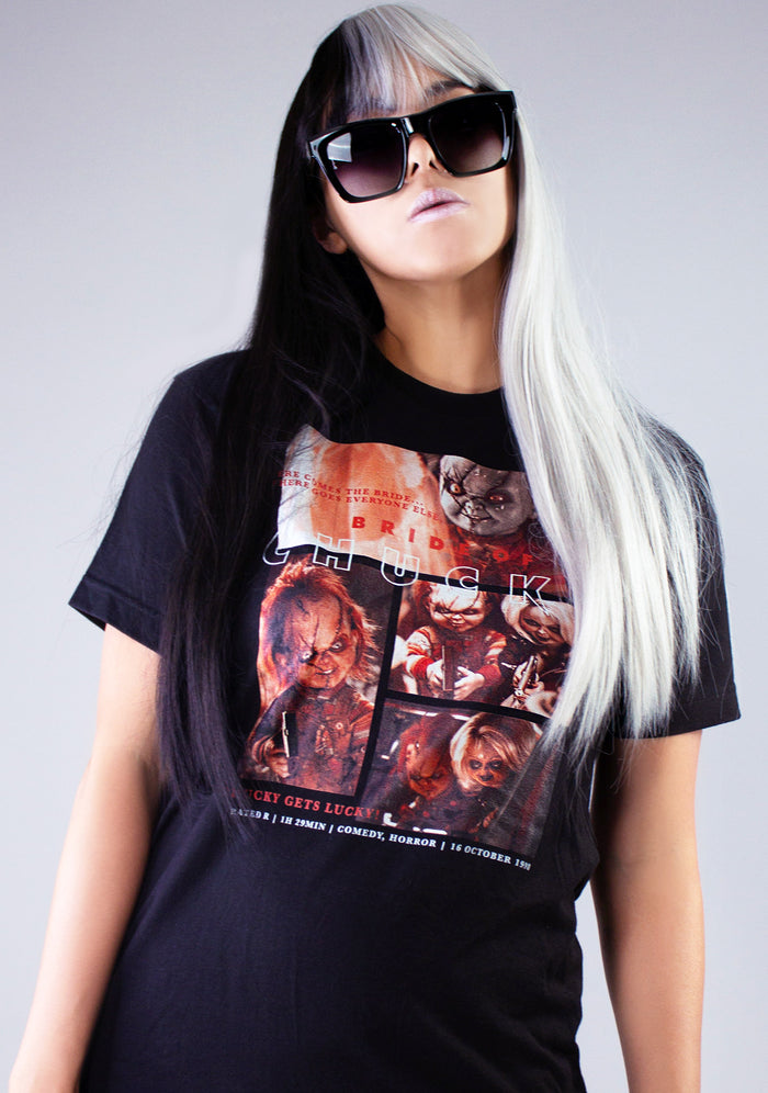 Bioworld Bride of Chucky Unisex Tee in black with Tiffany front graphic on horror fandom rave festival top — model view