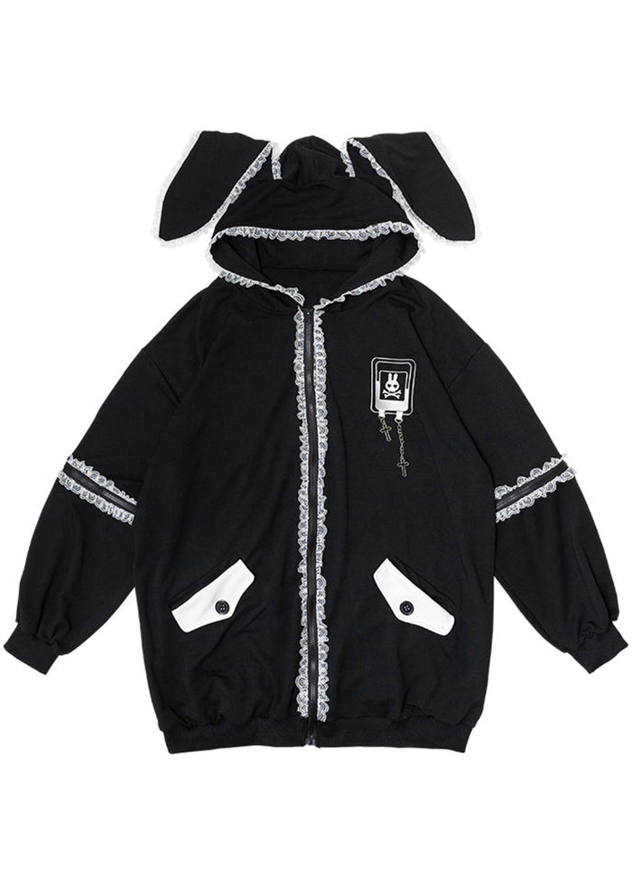ACDC Rag Bunny Dolls Punky Bunny Black White Oversized Zip Hoodie — front view