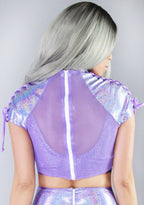 J Valentine Byte Babe Lace Up Mesh Crop Top in lavender — back view