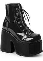 Demonia CAMEL 203 Raise Hell Patent Black Platform Boots in black patent vegan leather with 5 inch chunky heel and silver metal hardware — front view