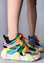 On-foot side profile of Anthony Wang CARAMBOLA 03 Virtual Vibrance black platform sneakers showcasing the low-top silhouette, layered mesh construction, and hidden interior wedge heel lift