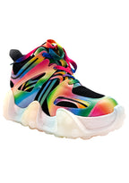 Three-quarter view of Anthony Wang CARAMBOLA 03 Virtual Vibrance platform sneakers featuring bright colorful accent straps, black hardware lace loops, and sculpted neon outsole block accents