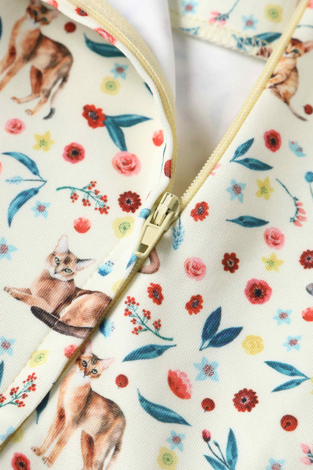 Amanda Ivory Cream Flared Dress in Cat Floral Print