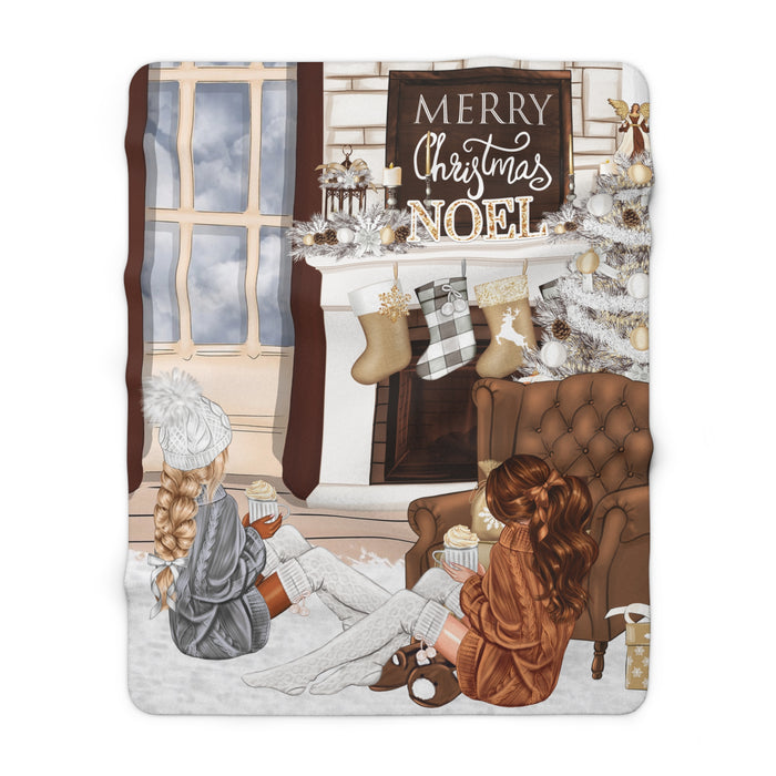 Christmas Cozy Sherpa Blanket – 'Merry Christmas Noel' Fireplace Girls Holiday Throw