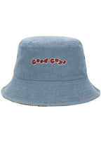 Bioworld Chucky Good Guys Reversible Bucket Hat in blue yellow with Chucky AOP print on one side and denim with embroidery on the other on horror fandom rave festival hat — reversible detail view