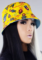 Bioworld Chucky Good Guys Reversible Bucket Hat in blue yellow — model side view