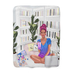 Cozy Reading Nook Sherpa Blanket — Girl with Books & Laptop Fleece Throw
