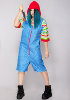 Leg Avenue Creepy Playtime Killer Suit in multicolor with printed denim overalls and attached hood on costume cosplay — model view