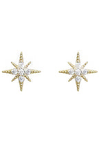 Ettika Crystal Interstellar Stud Earrings in gold with cubic zirconia star-shaped design on festival earrings — front view