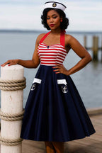 Daisy Nautical Striped Halter Dress With Anchor Embroidery