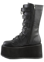 Demonia DAMNED 225 Dark Soul Black Platform Boots in black vegan leather showing EVA foam platform and spiked stud buckle hardware — detail shot
