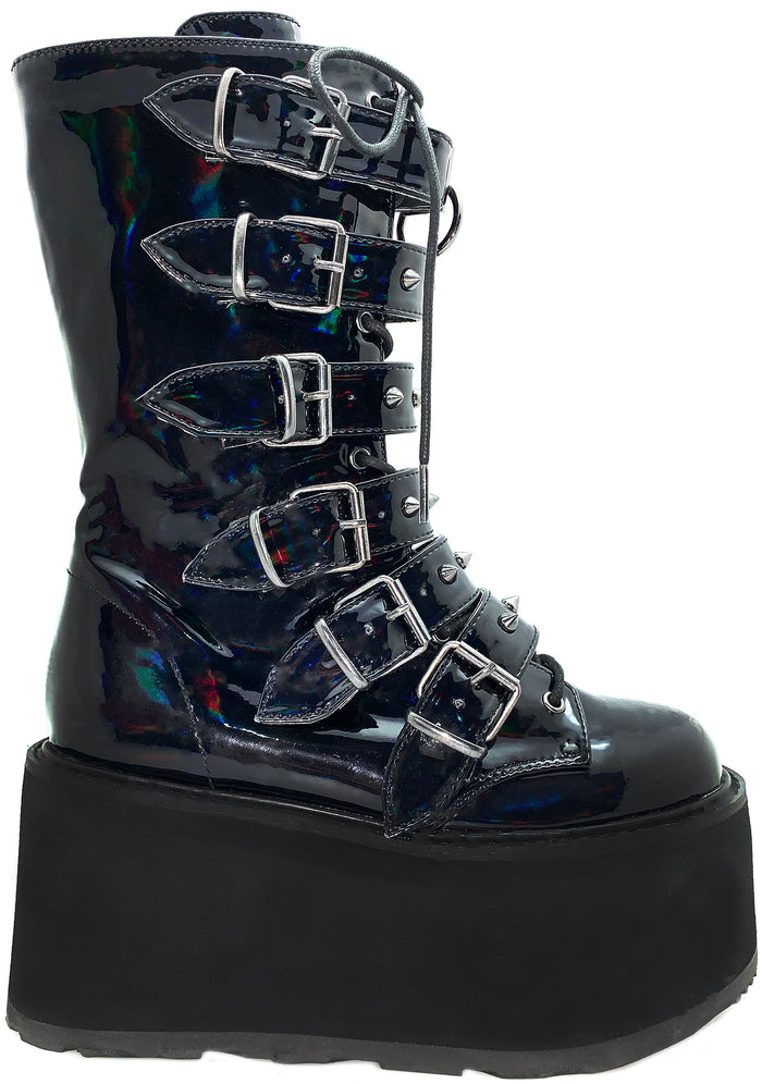 Demonia DAMNED 225 Necromancer Hologram Black Platform Boots in iridescent holographic vegan leather with 6 cone studded buckle straps and EVA foam platform — front view
