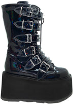 Demonia DAMNED 225 Necromancer Hologram Black Platform Boots in iridescent holographic vegan leather with 6 cone studded buckle straps and EVA foam platform — front view