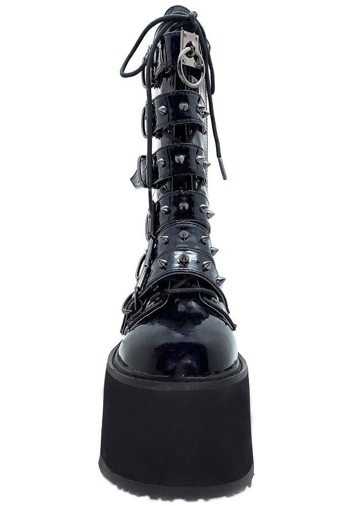 Demonia DAMNED 225 Necromancer Hologram Black Platform Boots in iridescent holographic vegan leather showing cone studded buckle strap and lace-up detail — detail shot