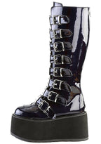 Demonia DAMNED 318 Delusional Dream Hologram Black Platform Boots in iridescent holographic vegan leather showing knee-high silhouette and silver plate buckle detail — side view