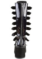 Demonia DAMNED 318 Delusional Dream Hologram Black Platform Boots in iridescent holographic vegan leather showing metal plate buckle hardware and back zip closure — detail shot