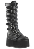 Demonia DAMNED 318 Obsession Black Platform Boots in black vegan leather with 8 cone studded buckle straps and 3.5 inch EVA foam platform — front view