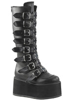 Demonia DAMNED 318 Obsession Black Platform Boots in black vegan leather with 8 cone studded buckle straps and 3.5 inch EVA foam platform — front view