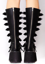 Demonia DAMNED 318 Obsession Black Platform Boots in black vegan leather with back zip closure worn by model — back view