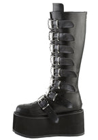 Demonia DAMNED 318 Obsession Black Platform Boots in black vegan leather showing chrome hardware buckle and EVA foam platform detail — detail shot