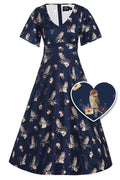 Janice Dark Blue Sleeved Flared Tea Dress In Owl Print