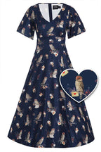 Janice Dark Blue Sleeved Flared Tea Dress In Owl Print