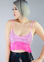 Hot & Delicious Dollhouse Disco Rhinestone Fringe Crop Top in pink with rhinestone detail and fringe trim on festival top — model view