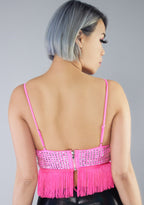 Hot & Delicious Dollhouse Disco Rhinestone Fringe Crop Top in pink — model back view
