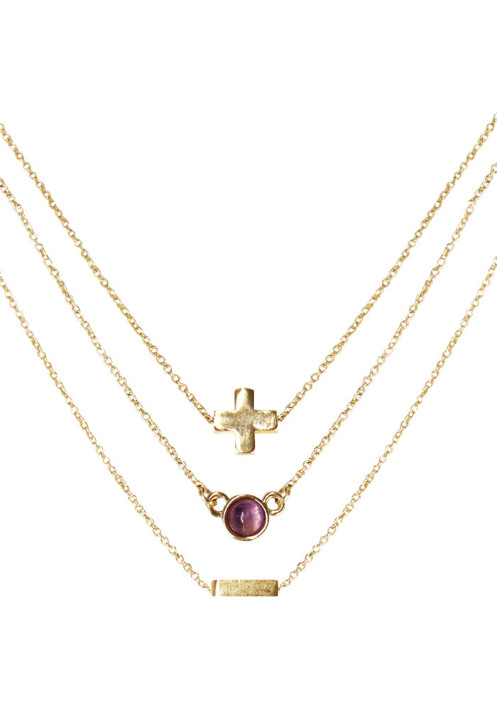 Charged Dream Amethyst Delicate Chain Necklace Set in gold with raw purple amethyst stone on three 18k gold plated chain crystal festival necklace set — front view