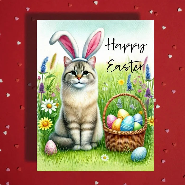 Easter Cat Greeting Card – Cute Bunny Ears Cat Spring Greeting
