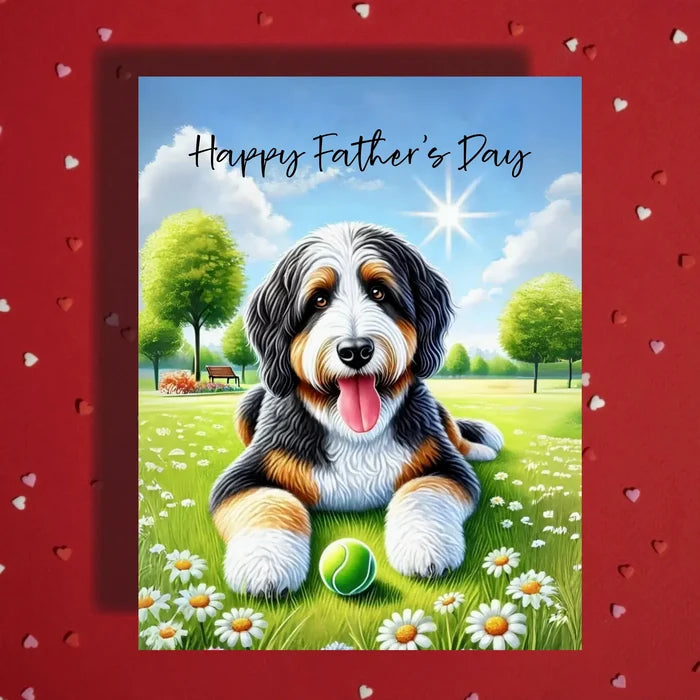 Father's Day Customizable Greeting Card, Bernedoodle Dog With a Ball: Happy Father's Day