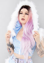 J Valentine Frost Queen Hooded Crop Top in light blue with white faux fur trim and oversized hood on festival top — front view