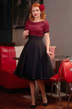 Darlene Full Circle Swing Dress in Burgundy Polka-Black