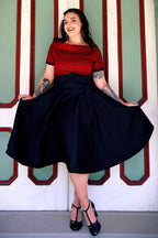 Darlene Full Circle Swing Dress in Burgundy Polka-Black