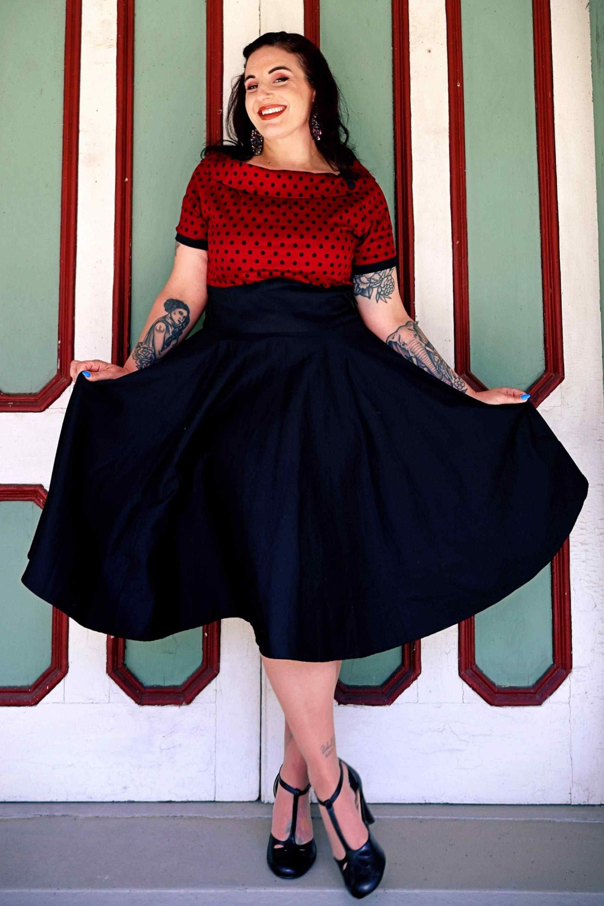 Darlene Full Circle Swing Dress in Burgundy Polka-Black