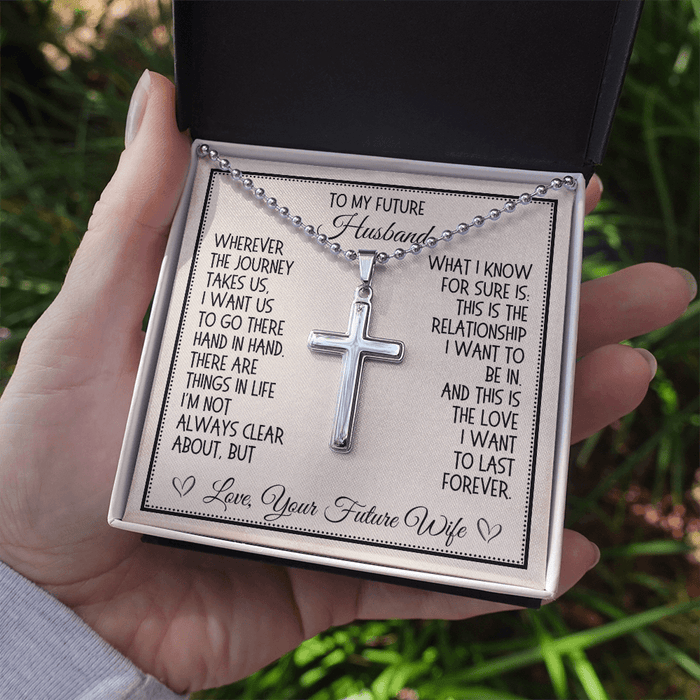 Future Husband Gift, Personalized Cross Necklace: Wherever The Journey Takes Us...