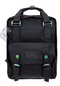 Doughnut Official Gamescape Series Macaroon Backpack in black with iridescent hardware and water-resistant exterior on festival backpack — front view
