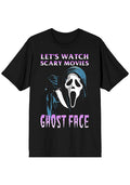 Bioworld Ghostface Let's Watch Scary Movies Unisex Tee in black with Ghostface front graphic on horror fandom rave festival top — front view