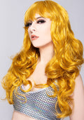 Leg Avenue Girl Next Door Long Wavy Bang Wig in blonde with hard front bang on festival hair wig — model view