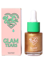Kimchi Chic GLAM TEARS Shimmer Liquid Highlighter in 01 Gold with golden liquid shimmer in dropper bottle on rave makeup highlighter — model applied view