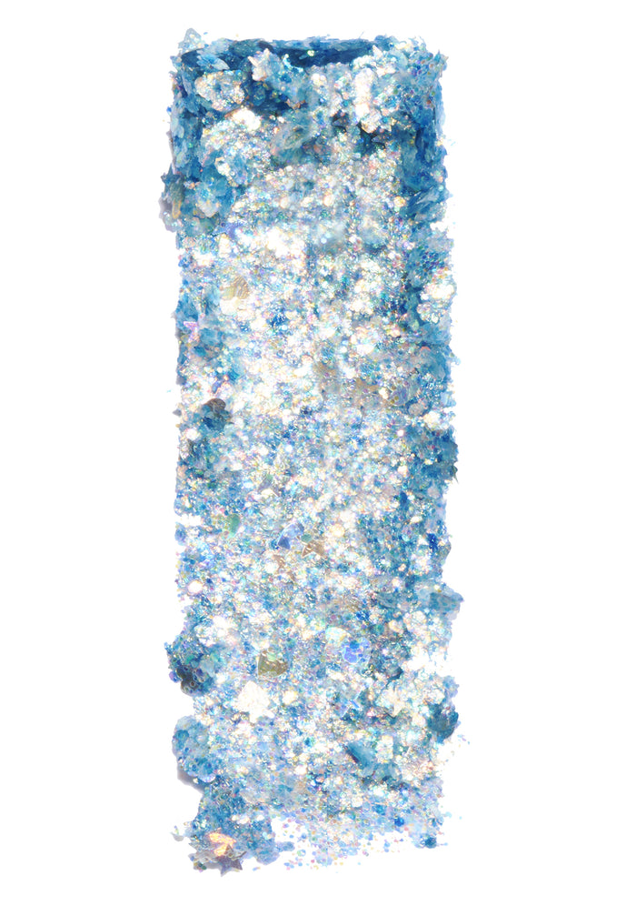 Kimchi Chic GLITTER SHARTS Gel Glitter Pots in 01 Super Galactic blue with holographic star and hexagon glitter in gel pot on rave makeup body glitter — swatch view