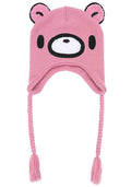 Bioworld Gloomy Bear Laplander Fleece Cosplay Beanie in pink with 3D Gloomy Bear ears and embroidered face detail on kawaii rave festival hat — front view