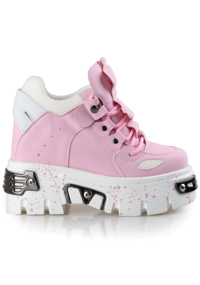 Side studio view of Anthony Wang GUAVA 02 Momo Love Pink platform sneakers featuring a pastel pink vegan leather upper with black graphic line accents, silver metal hardware plates, and a chunky white wedge platform sole