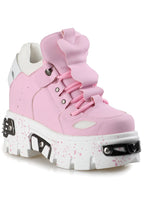 Clean profile studio shot of Anthony Wang GUAVA 02 Momo Love Pink platform sneakers highlighting the aggressive traction block patterns on the 4.5-inch white wedge sole